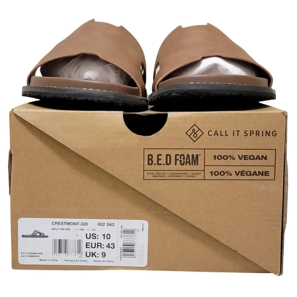 Call It Spring Men Crestmont Slide Sandals Size US 10 Cognac Brown Vegan Leather